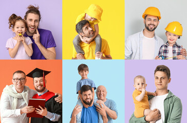 Collage with happy fathers and children on colorful background