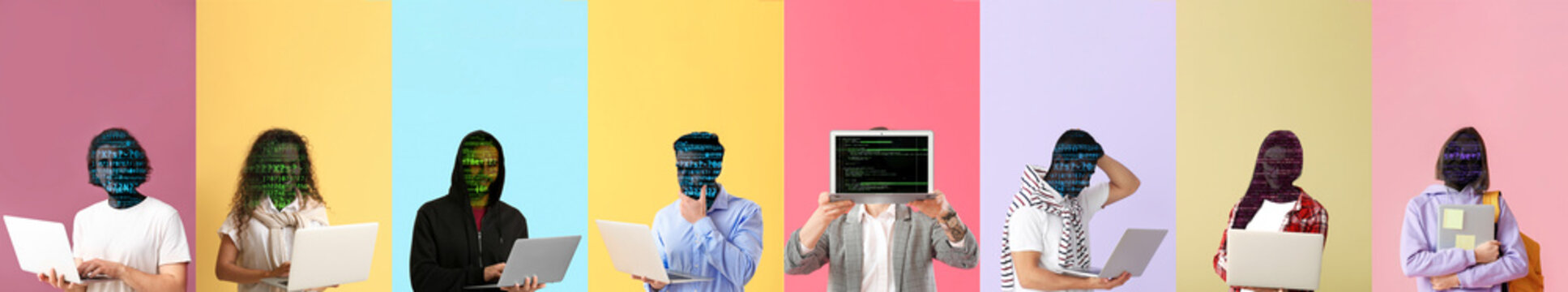 Set of hackers on colorful background