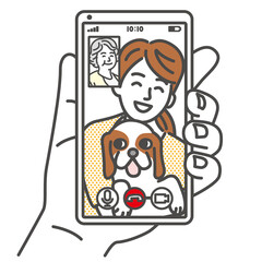 テレビ電話をする娘と犬と母親のイラスト