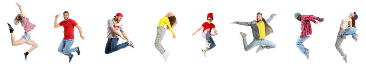 Set of different hip-hop dancers isolated on white