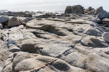 Dramatic image of Geological rock formations and crystal mineral veins going through rocks on the coast of Monterey bay, California.