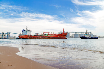 Grain Bulk carrier entering the Port of Necochea in Argentina. Vessel in the harbor.