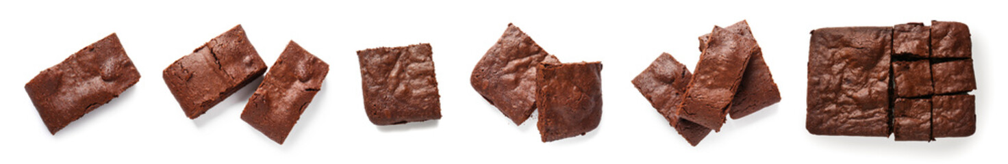 Set of chocolate brownie pieces on white background, top view