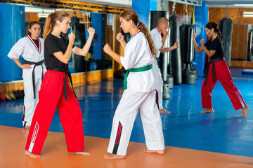 Women and man in pairs exercising karate movements during group training.