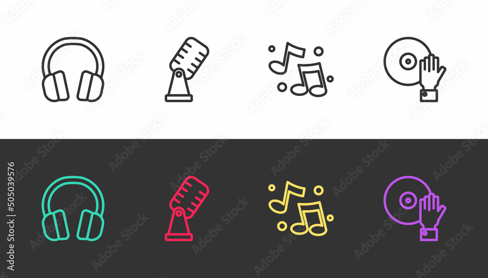 Canvas Prints Set line Headphones, Microphone, Music note, tone and DJ playing music on black and white. Vector