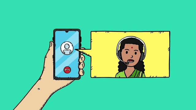 Conversation with indian customer support women in traditional clothes showing on comic book bubble.  Animation is in easy to edit talking loop
