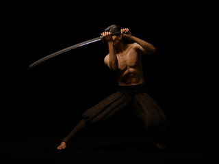 Fototapeta na wymiar Soul of a Samurai. Full-length portrait of an Asian man holding a sword in the upper position on dark background. 3D illustration.