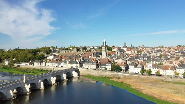 The medieval church of Charite sur Loire in Europe, France, Burgundy, Nievre, in summer, on a sunny day.