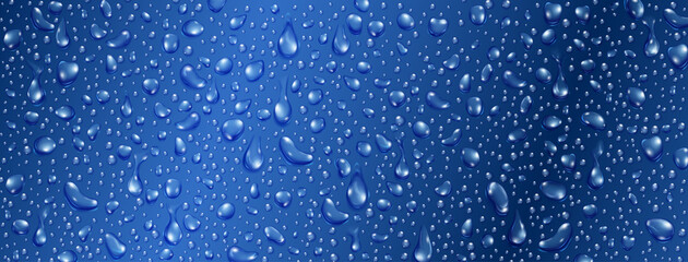 Fototapeta na wymiar Background of small realistic water drops in blue colors
