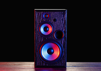 Modern loudspeaker on table against black background