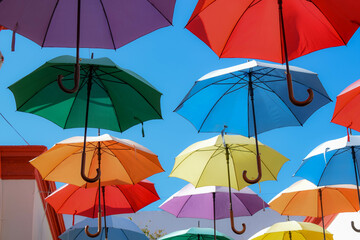 Fototapeta na wymiar Colored umbrellas in the sky