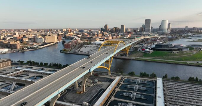 Milwaukee Highways Downtown City Center Urban Aerial 4k UHD