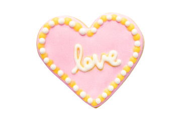 Pink Heart Shaped Cookie with Royal Icing Isolated on White Background