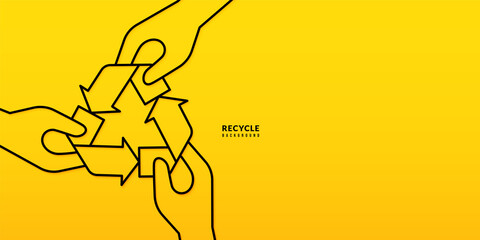 Hand holding recycle symbol thin line design on yellow background, Save the planet and energy concept