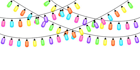 Cartoon garlands colored light bulbs. Party decoration. Rainbow color. Vector illustration. Stock image. 