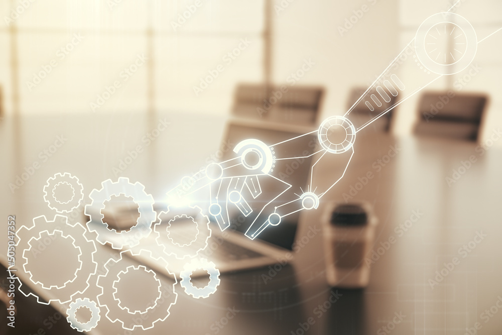 Aufkleber double exposure of robotics technology hologram on laptop background. research and development softw