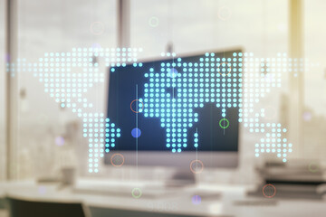 Multi exposure of abstract graphic world map on computer background, connection and communication concept