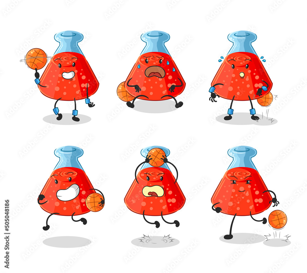 Poster chemical tube basketball player group character. mascot vector