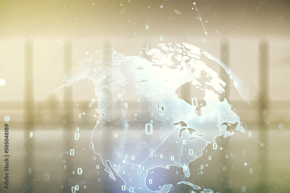Aufkleber multi exposure of abstract graphic coding sketch and world map on modern interior background, big da