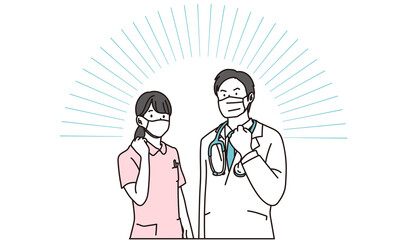 マスクをしてガッツポーズをする医療従事者	