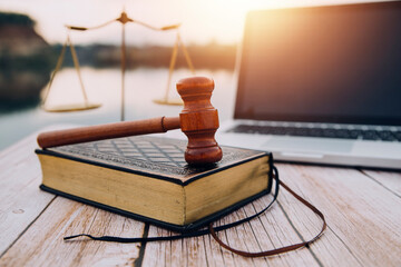 Business and lawyers discussing contract papers with brass scale on desk in office. Law, legal...