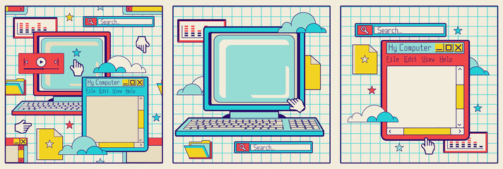 Set of retro frames or square posters for messages or text with computer and window boxes.Nostalgia old pc user interface. Fun templates with copy space for text.Social media posts, promotion layouts © Vigurskaia Sofiya