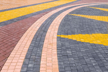 Perspective View of Brick floor on The Ground for Street Road. Sidewalk, Driveway, Pavers, Pavement in Vintage Design Flooring colorful Pattern Texture Background