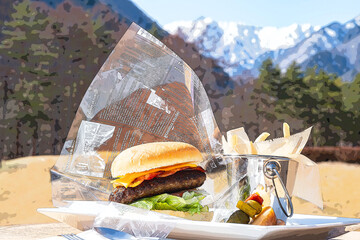 高原で食べるハンバーガー