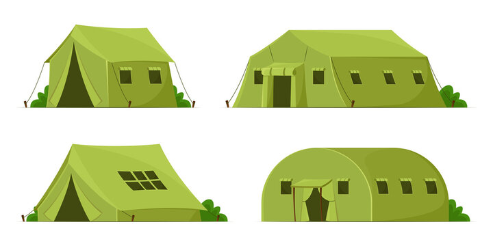 Green military tents cartoon illustration set. Camping tents or shelter of different shapes for soldiers or outdoor recreation isolated on white background. Army camp concept