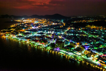 Aerial View of night Ha Tien town, Kien Giang, Vietnam, this is central crowded and bustling in Kien Giang, Vietnam.