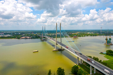 My Thuan bridge, Vinh Long city, Vietnam, aerial view. My Thuan bridge is famous bridge in mekong...