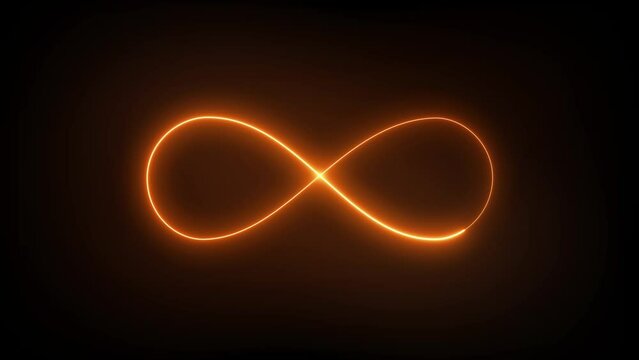 Glowing sign of Infinity Symbol on dark background. Warm Energy Glow of Forever and limitless Symbol. Seamless Loop Continuous Animation  