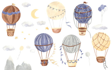 Fototapeta na wymiar Watercolor hot air balloon illustration for kids