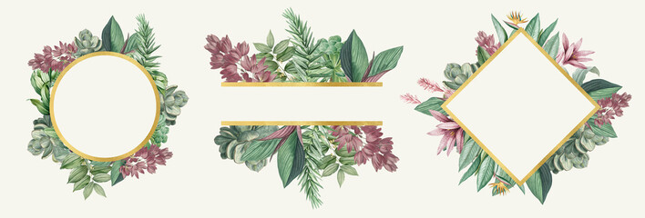 Three Floral border illustrations with pink and purple flowers, green leaves, for wedding invites, greetings, wallpapers, fashion, backgrounds, textures, DIY, wrappers