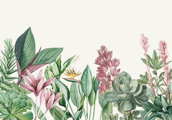 Banner Floral illustration with pink and purple flowers, green leaves, for wedding invites, greetings, wallpapers, fashion, backgrounds, textures, DIY, wrappers