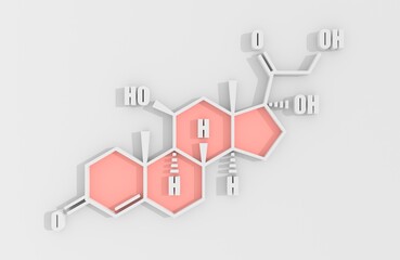 Chemical formula of steroid hormone cortisol. 3D render