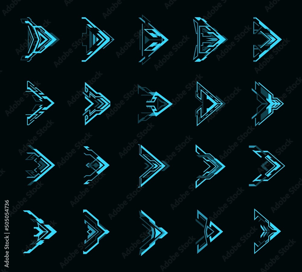 Aufkleber HUD futuristic cursors. Neon interface navigation buttons or arrows set. Digital interface vector neon arrow or game interface blue icon, virtual game user interface glowing button