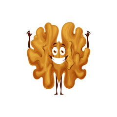 Cartoon walnut character, kids yummy nut food personage, vector icon. Cute smiling walnut with funny face and raised hands, organic natural food nuts and seeds emoticon