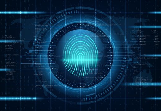HUD. Fingerprint identity. Authentication, identification, security access vector background, futuristic backdrop or SCI-FI wallpaper with fingerprint scanner, program code and neon motherboard traces
