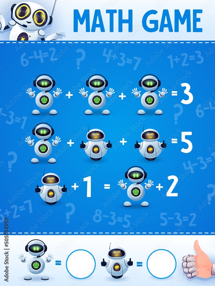 Aufkleber cartoon robots and droids on math game worksheet. education maze, kids mathematical riddle or puzzle
