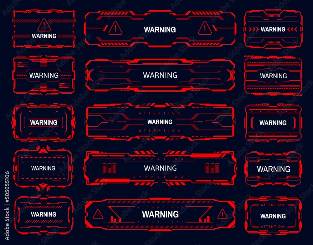 Leinwandbilder Warning, attention, alert, caution and danger zone red frames. HUD interface danger warning vector frames, game SCi-Fi caution call out title. GUI safety system message, interface alarm red panels set