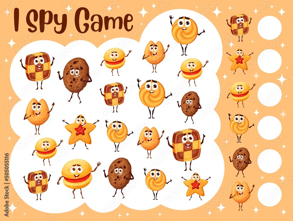 Fototapete I spy game worksheet. Cartoon bakery and cookies characters. Child counting puzzle, children educational riddle objects searching and counting task or kids math quiz vector with dessert and pastry