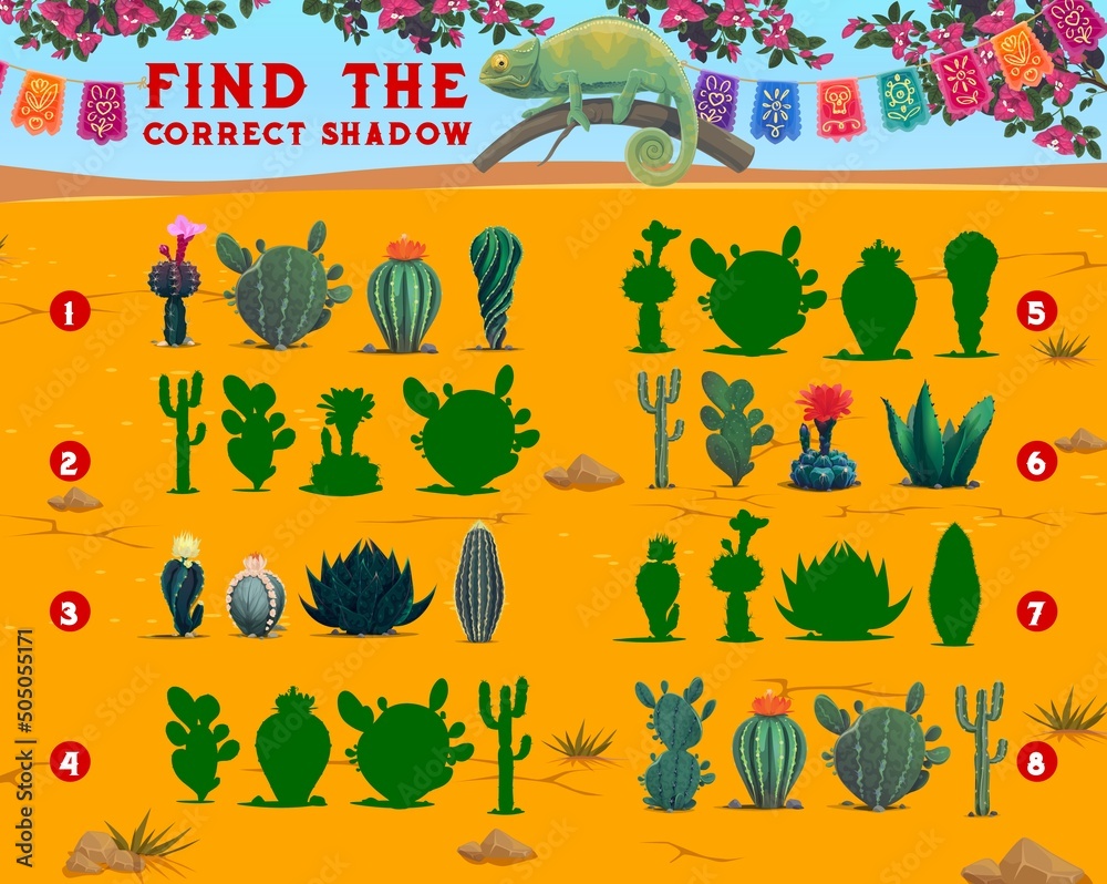 Poster find the correct shadow of mexican cactus succulents. shadow compare educational game, children inte