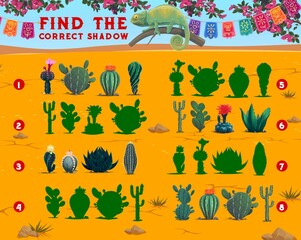 Find the correct shadow of mexican cactus succulents. Shadow compare educational game, children intelligence playing activity or riddle. Kids logical quiz, puzzle vector page with mexican flora cacti - obrazy, fototapety, plakaty