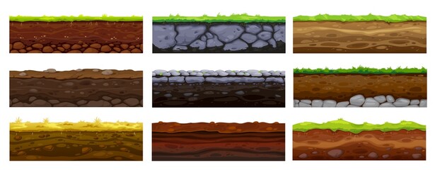 Soil, ground and underground layers, cartoon seamless game levels. Vector natural land textures cross section view with dirt, pebbles and green grass. Textured soli surface background, ui design - obrazy, fototapety, plakaty