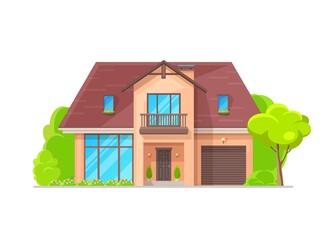Suburban two-storey residential house building exterior, vector architecture facade. Classic or modern apartments home, family townhouse or villa cottage, mansion or bungalow lodge with garden