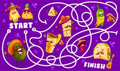 Cartoon mexican food characters labyrinth maze riddle. Cartoon vector kids board game with nachos, avocado, tacos and burrito with enchiladas and jalapeno peppers. Boardgame with tex mex personages - obrazy, fototapety, plakaty