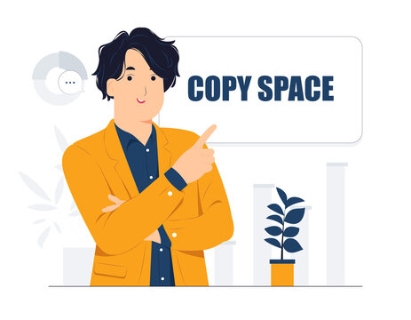Vector concept illustration Handsome Businessman showing and pointing fingers upper left and right corner with happy expression advices use this copy space wisely flat cartoon style