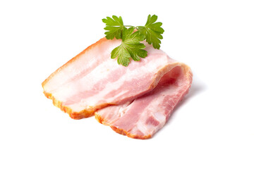Raw piece of fresh bacon with parsley leaf green isolated on a white background.