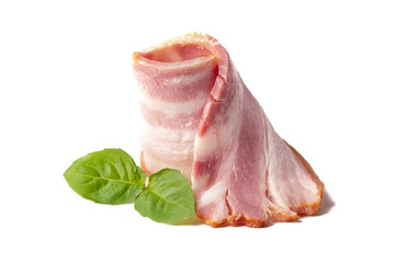 Raw piece of fresh bacon with basil leaf green isolated on a white background.